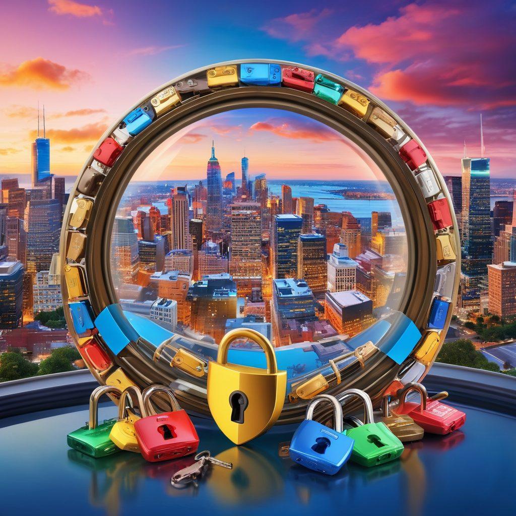 A visual representation of various insurance options symbolized by diverse padlocks and shields, intertwined with dollar signs to signify affordability. Include a magnifying glass hovering over comparison charts with bright colors highlighting differences in coverage. The background shows a cityscape suggesting a sense of security. Super-realistic. Vibrant colors. 3D.