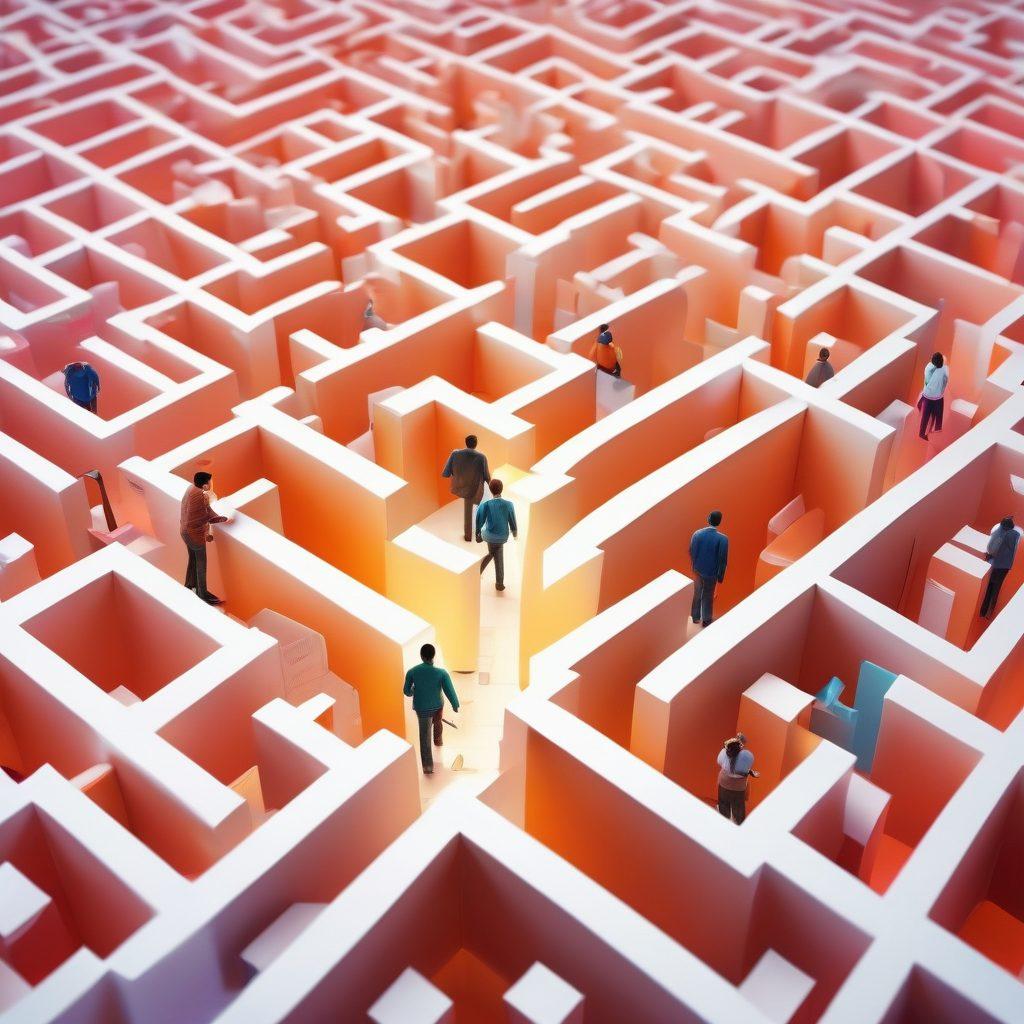 A diverse group of people confidently navigating through a maze made of insurance documents and digital tools, symbolizing their journey towards smart decisions. Above, a bright light representing empowerment shines down, illuminating essential resources like books, tablets, and calculators scattered around. The scene is vibrant and dynamic, with a mix of modern and classic elements. super-realistic. vibrant colors. white background.