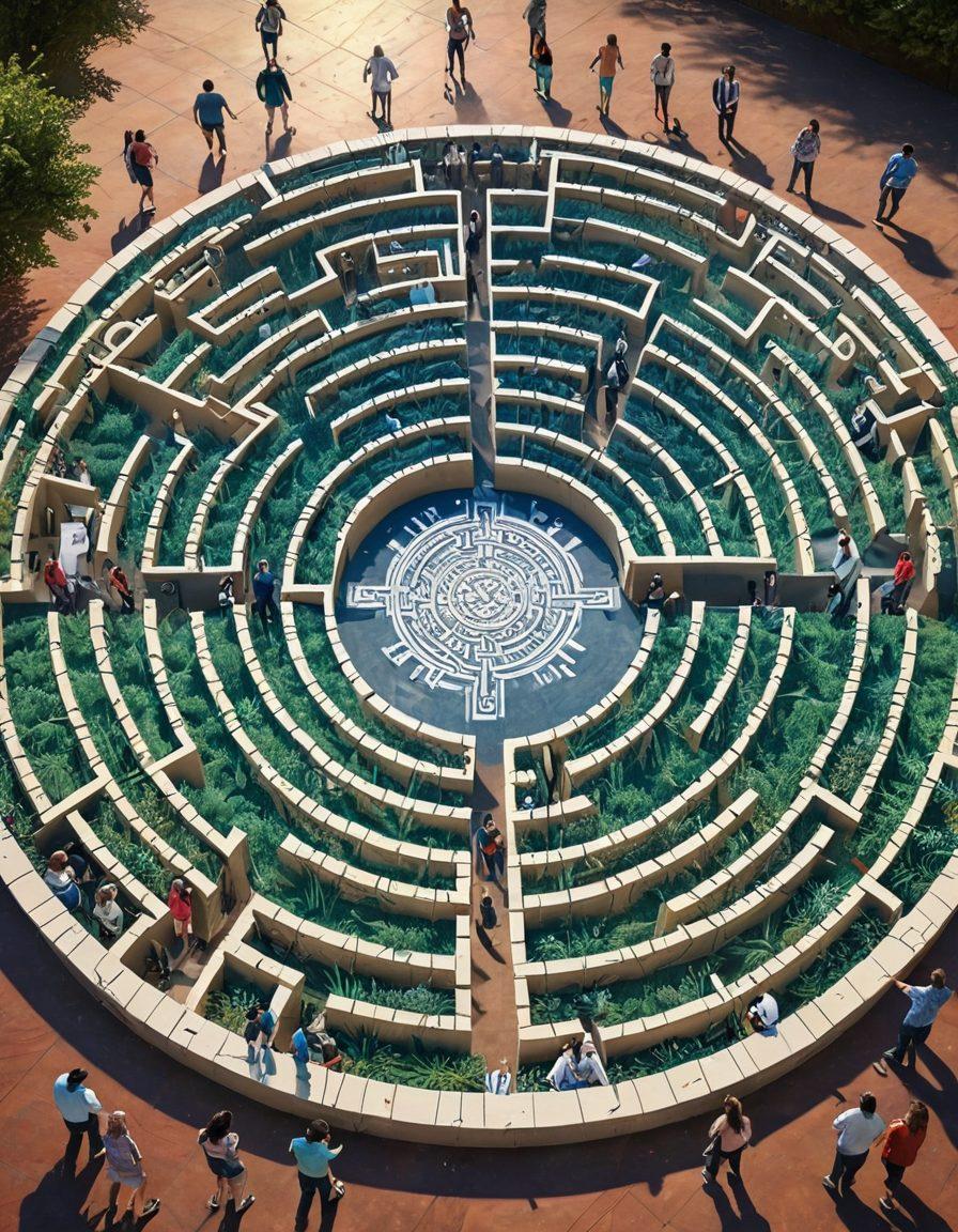 A perplexing maze made of colorful, interwoven insurance policy documents and dollar bills, with a bright compass guiding the way. At the entrance, a diverse group of people – families, young professionals, and seniors – are studying the map while looking determined. The background features a sunny sky and an uplifting ambiance to symbolize hope and smart choices. super-realistic. vibrant colors. 3D.